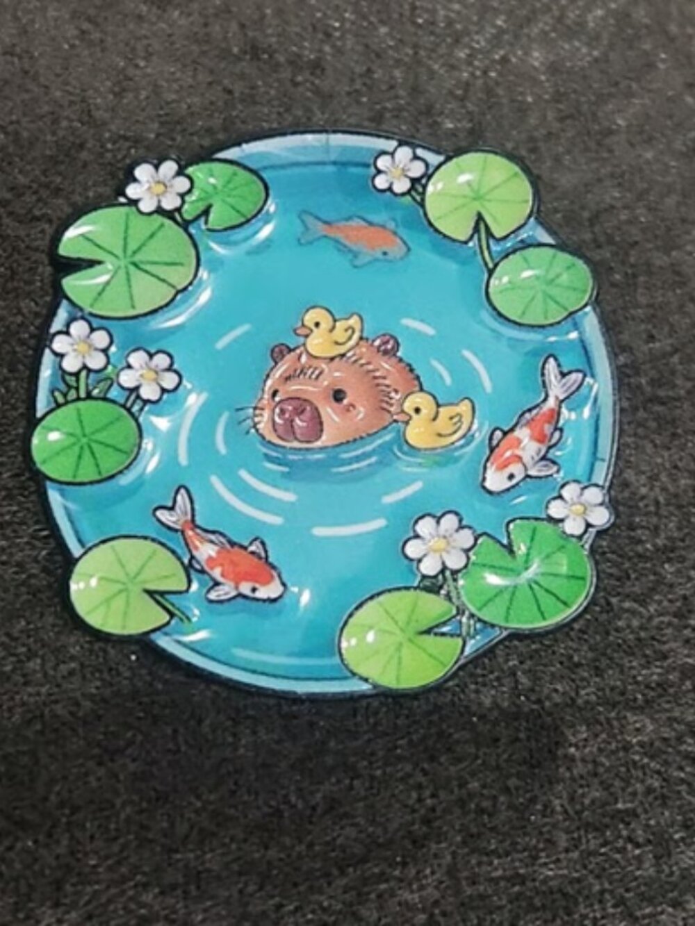 Capybara With Ducks On Pond With Koi Fish Enamel Pin